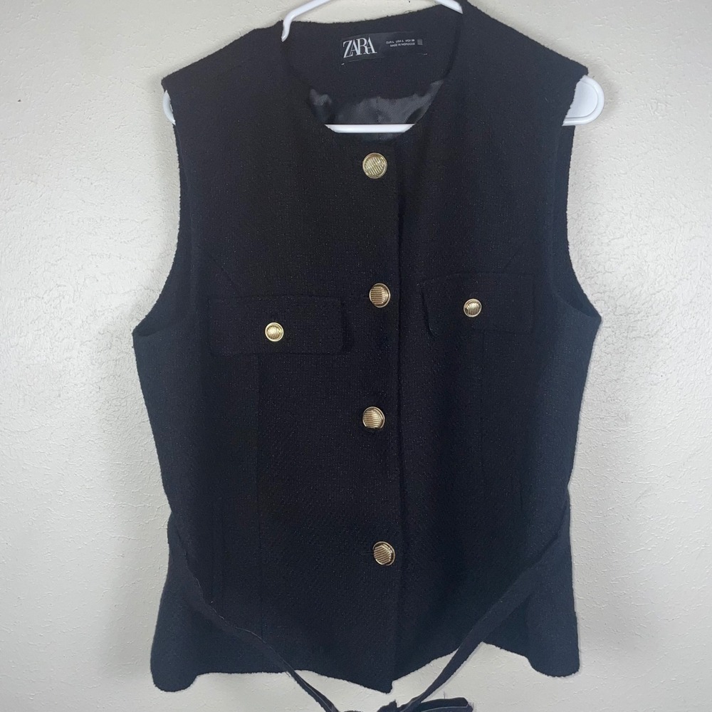 Zara Women Black Boucle Textured Vest Gold Button Belted Waistcoat Large